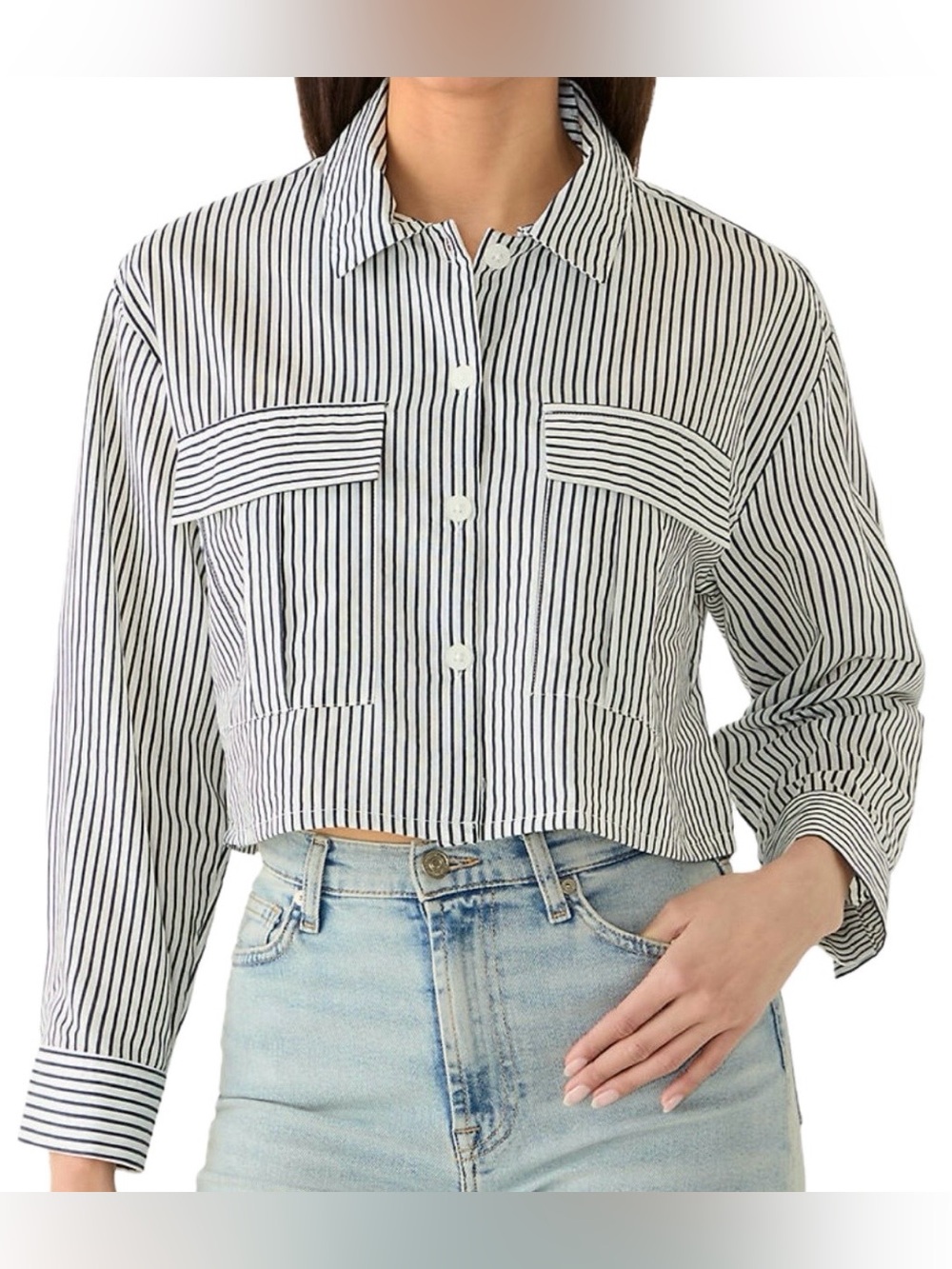 Lily Star Women's Cropped Button Down Shirt (Black/White)
